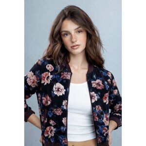 ZARA Statement Bomber Jacket Black Bold Floral Print in Purple Size S